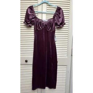 All in Favor Puff Sleeve Velvet Midi Dress Plum Purple Size S Short Sleeves Soft